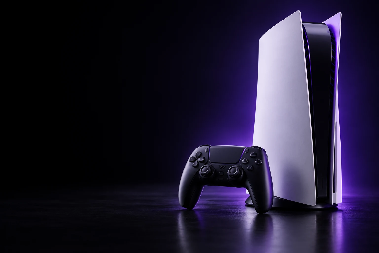 Console e controle com iluminação violeta